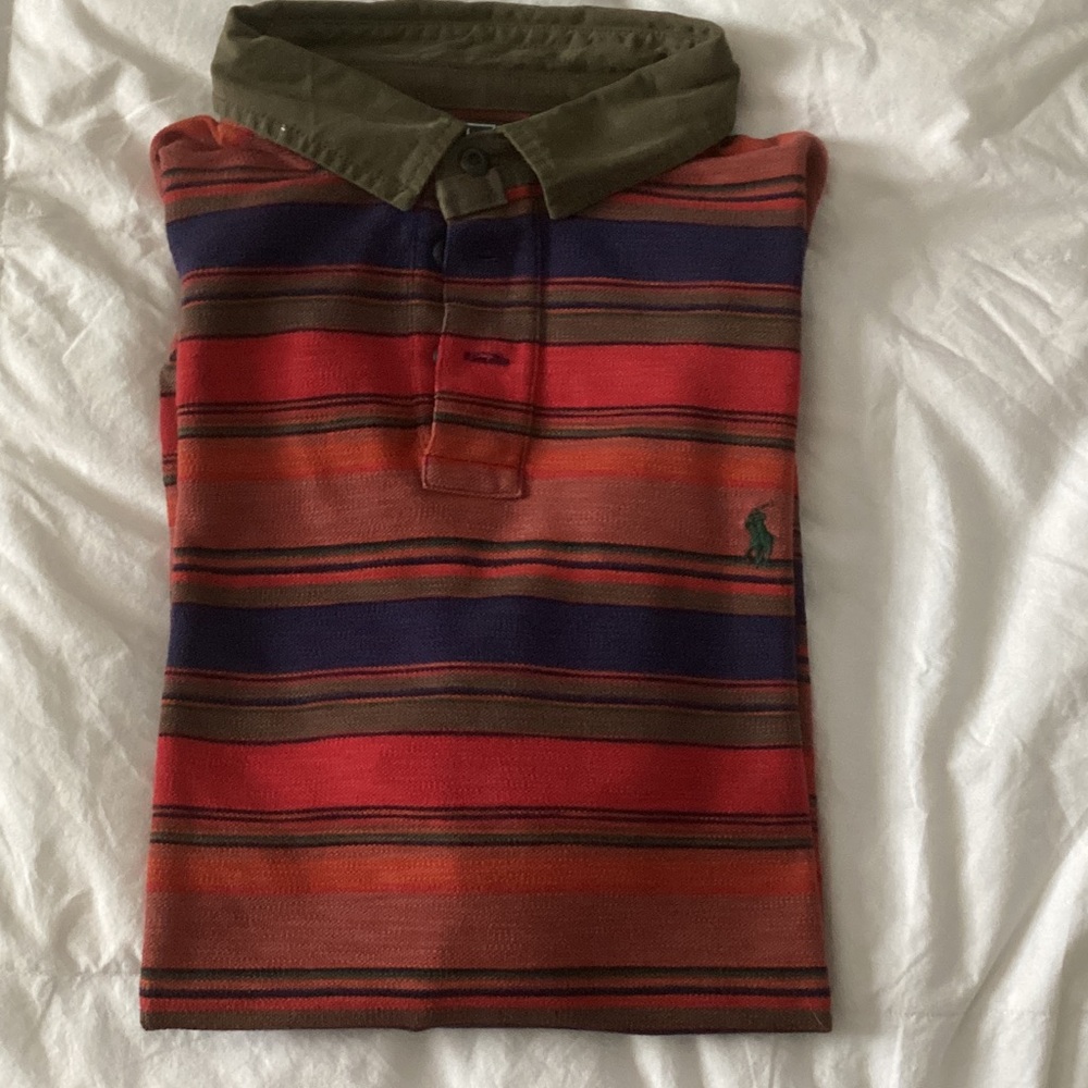 Polo by Ralph Lauren Red and Olive Striped Polo.  XL